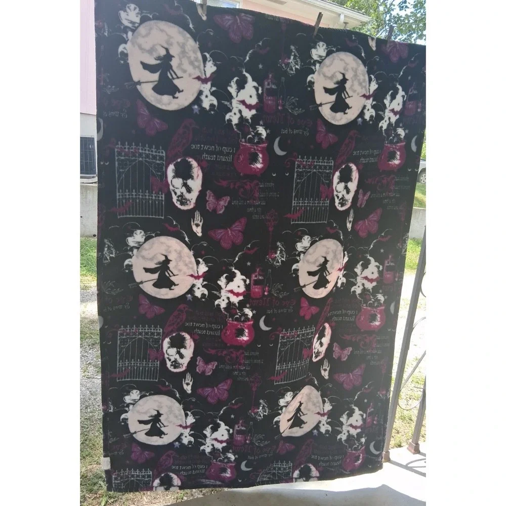 Witch Spells Halloween Throw Blanket Fleece Spooky Moon Purple Black 48